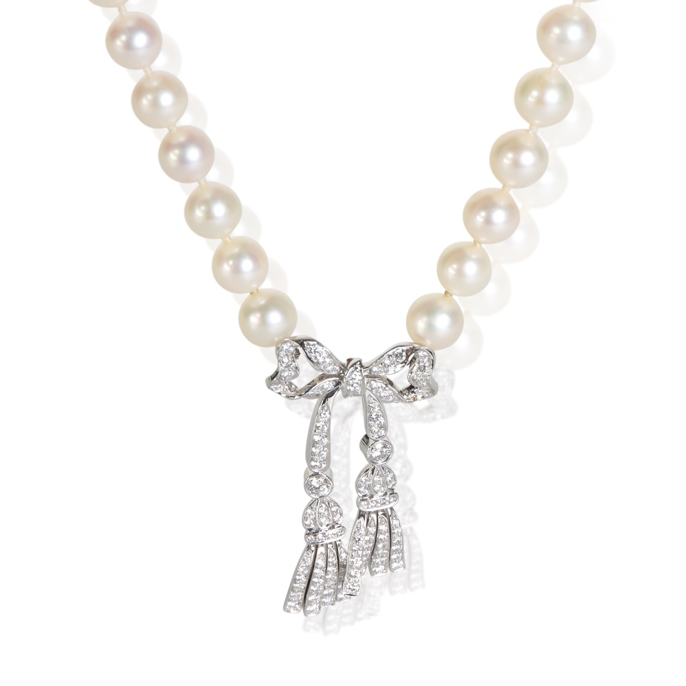 Tiffany & Co. Platinum Pearl and Diamond Diamond Bow Necklace